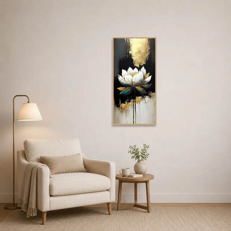 Chic lotus print enhancing a peaceful reading corner.