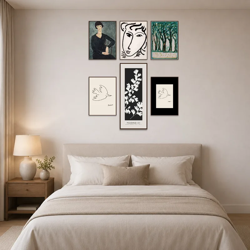 A portrait and nature set creates a serene atmosphere in a tranquil bedroom.