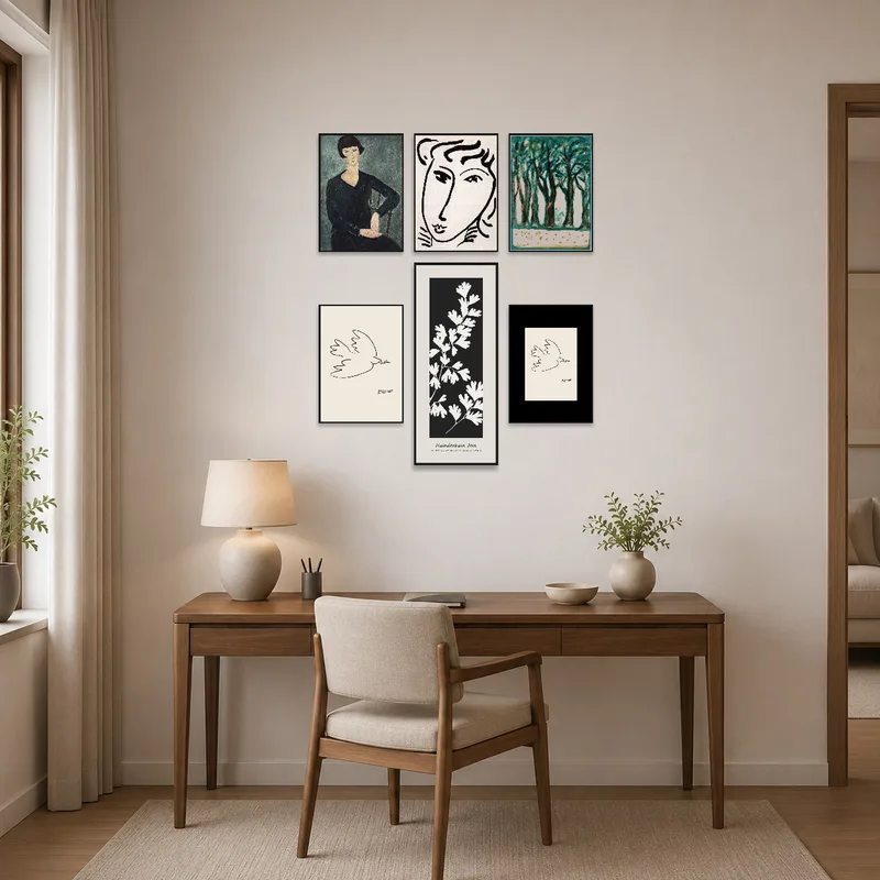 A portrait and nature set enhances the creative vibe of a stylish home office.