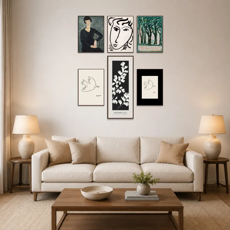 A portrait and nature set adorns the living room wall above a modern sofa.