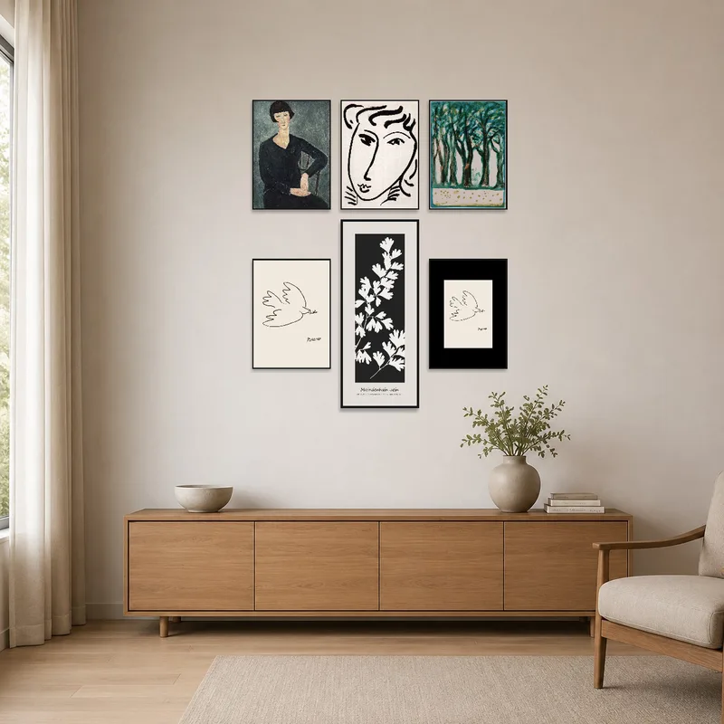 A portrait and nature set brings calm elegance to a minimalist white-walled room.