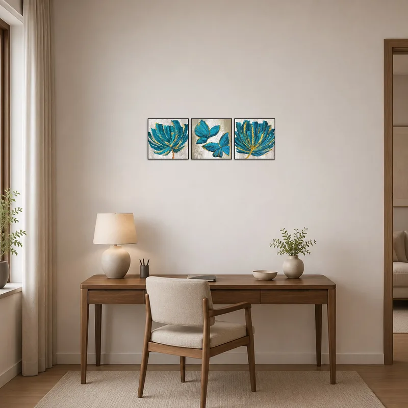 Home office showcasing teal botanical triptych with shimmering gold accents.