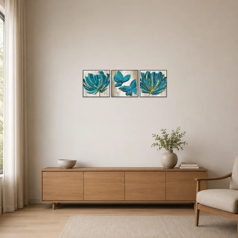Minimalist room featuring elegant teal botanical artwork with subtle gold highlights.