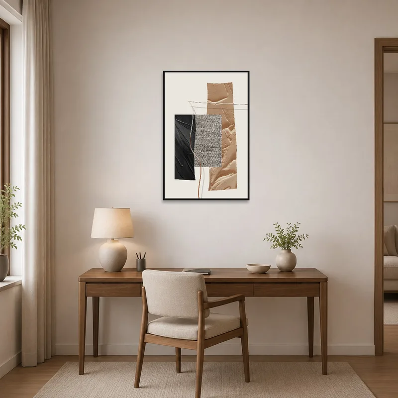 Stylish home office uplifted by an elegant abstract art print.