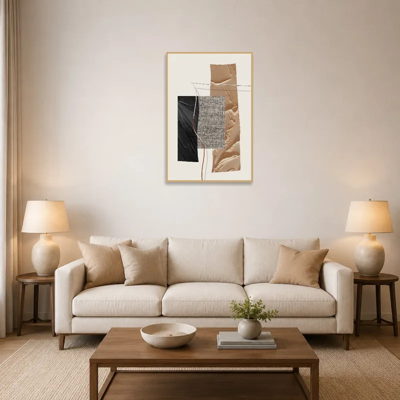 Abstract print adding sophistication to a modern living room setting.