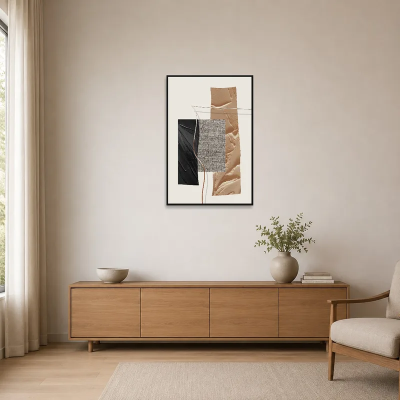 Minimalist decor enhanced by a textured abstract composition print.