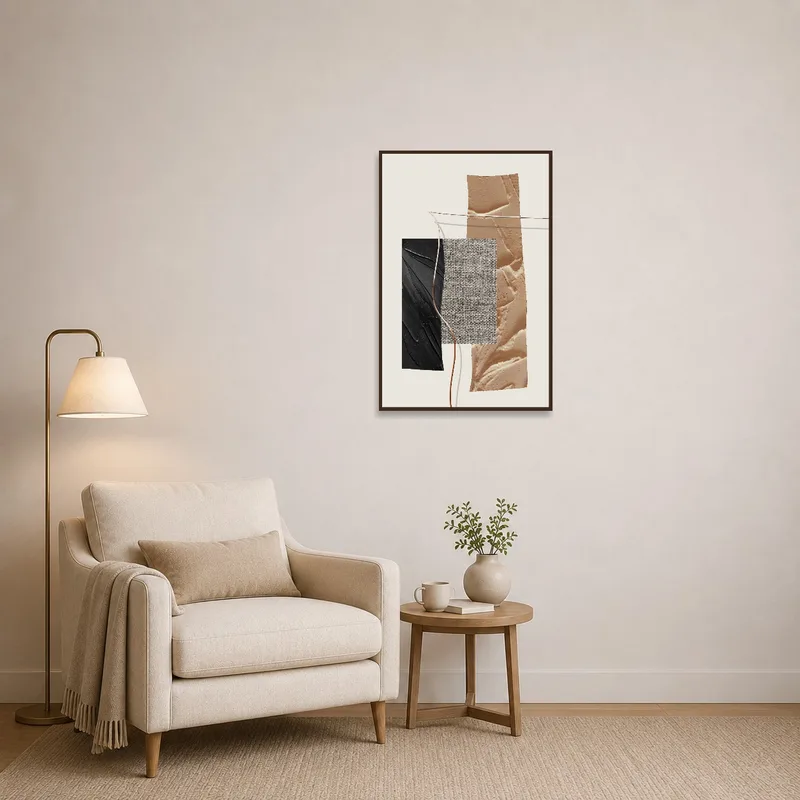 Cozy reading corner complemented by an elegant abstract art piece.