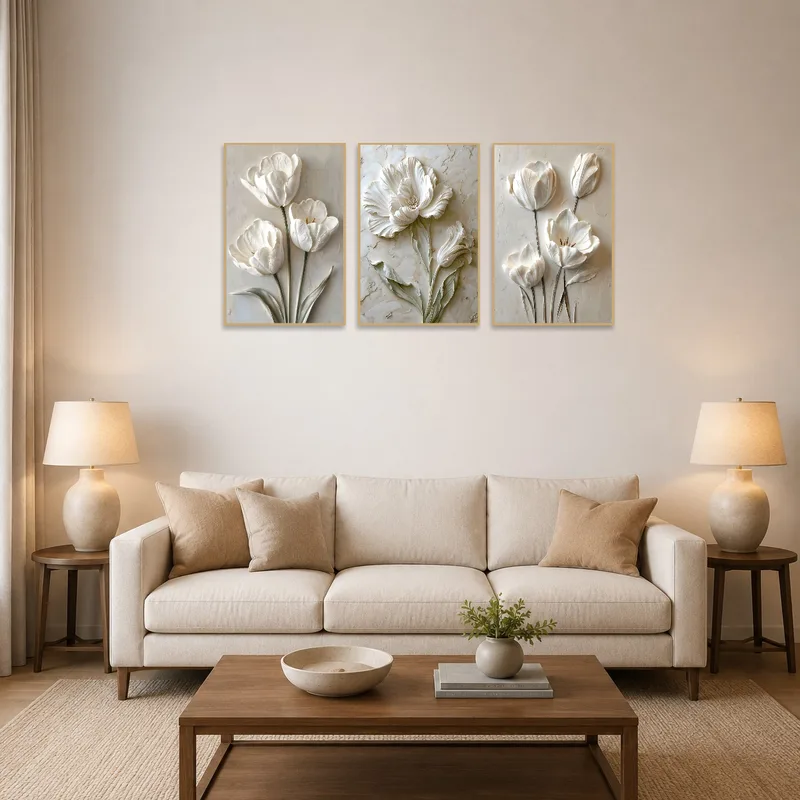 Elegant white floral triptych on neutral walls in a cozy living-room setting.