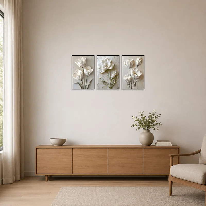 Minimalist room with an elegant floral triptych adding subtle sophistication.