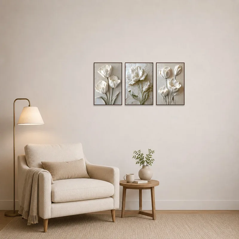 Reading corner adorned with a calming floral triptych in soft neutral hues.