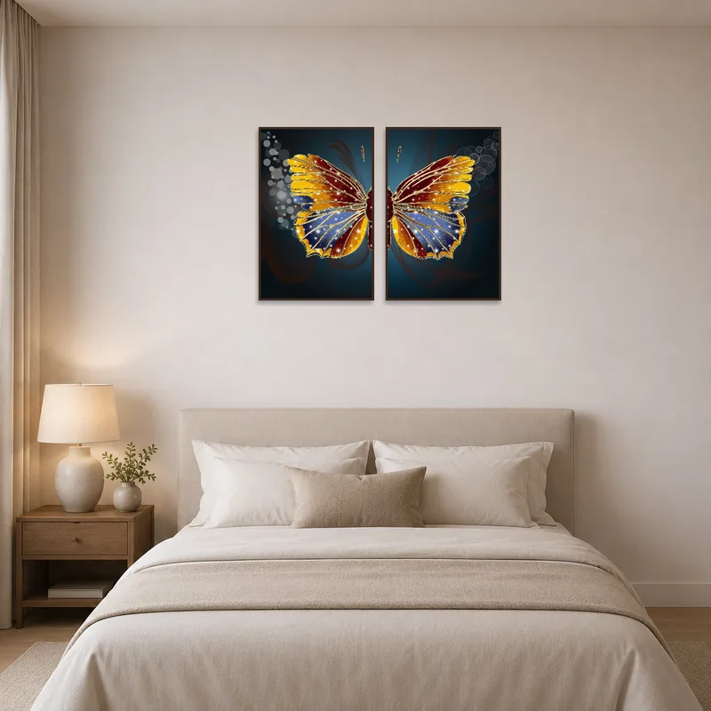 Butterfly print set bringing serene beauty to a tranquil bedroom wall.
