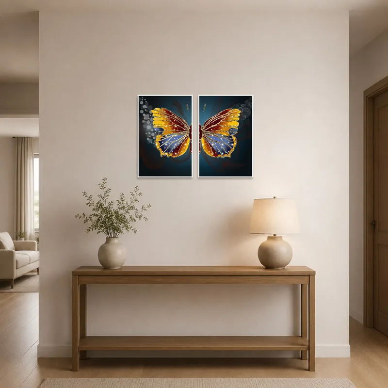 Set of butterfly prints welcoming guests in a stylish entrance hall.