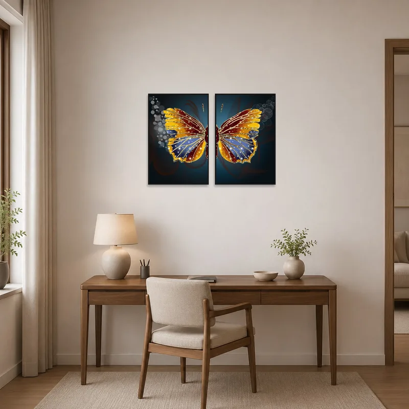 Inspirational butterfly art set in a chic, organized home office.