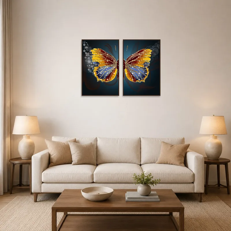 Enchanting Butterfly Wings Set displayed above a modern living room sofa.