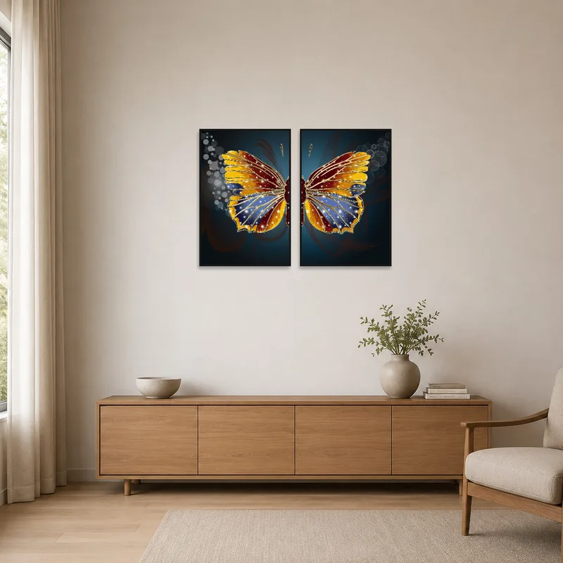 Butterfly art pair enhancing a clean, minimalist space with subtle elegance.