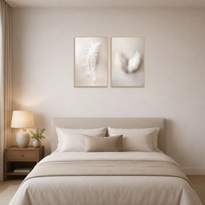 Ethereal feather art set adds a tranquil touch to the bedroom's soothing palette.