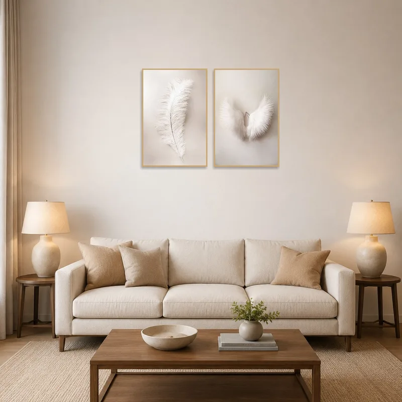 Ethereal feather art set in soft tones graces the living room wall for a calming effect.