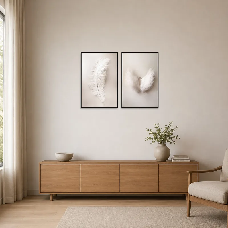 Minimalist room features ethereal feather art set adding gentle visual interest.