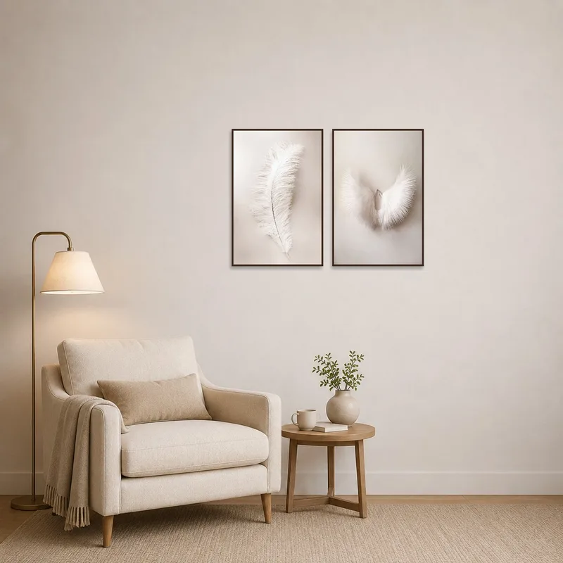 Reading corner adorned with ethereal feather art set in neutral tones for serene ambiance.