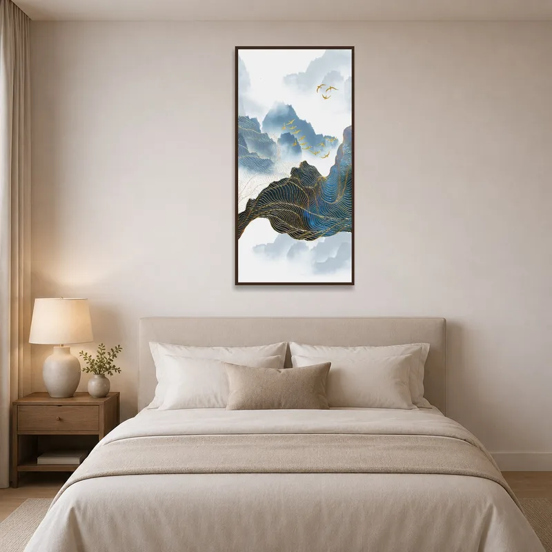 The bedroom features a soothing mountain landscape with birds behind the headboard.
