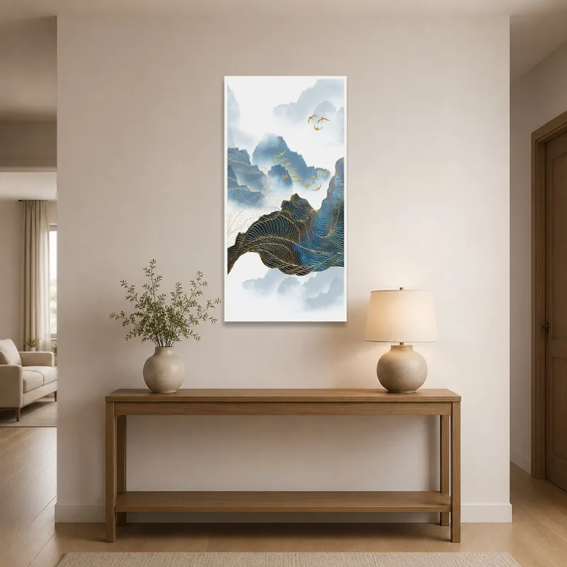 In the entrance hall, the mountain landscape with birds adds a tranquil touch near the doorway.