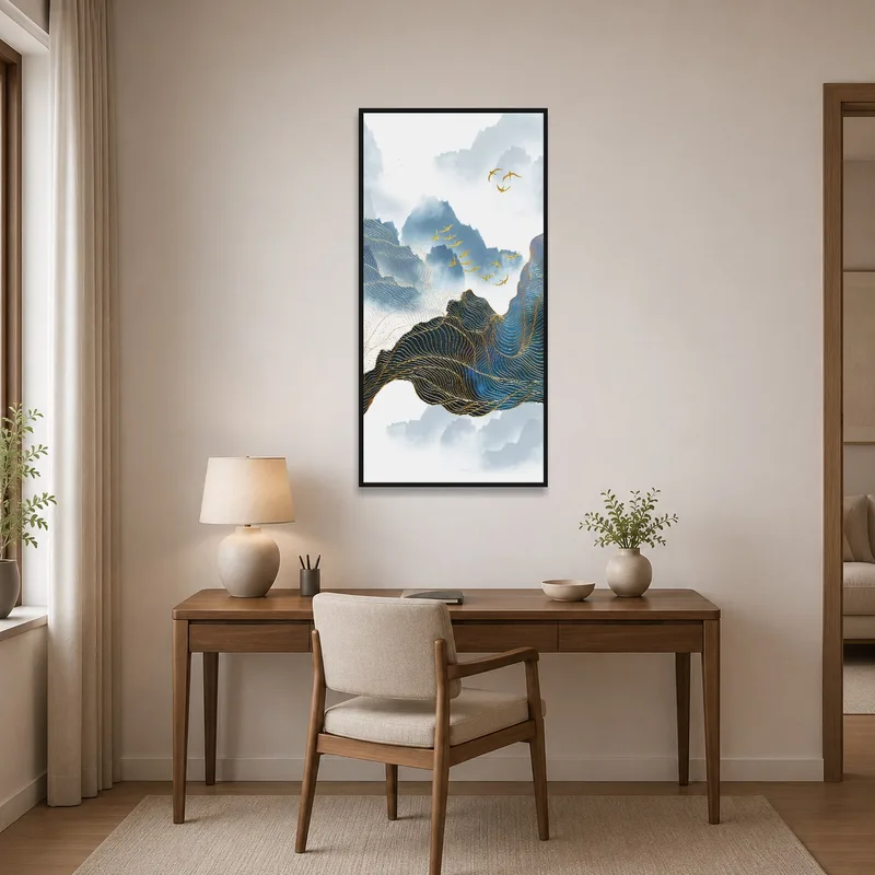 In the home office, the mountain landscape with birds provides a peaceful backdrop above the desk.