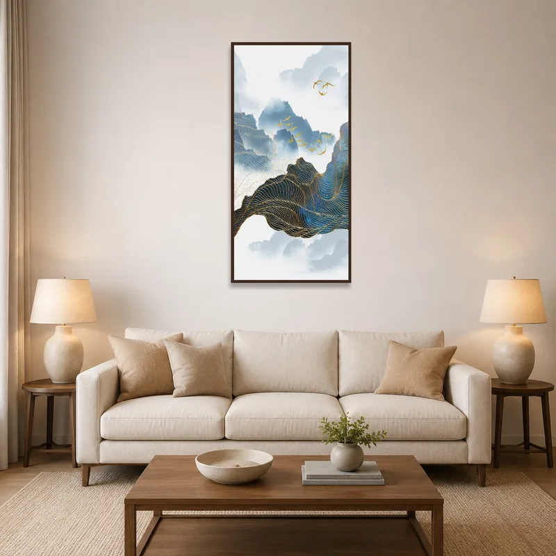 A serene mountain landscape with birds hangs in the living room above a soft-colored sofa.