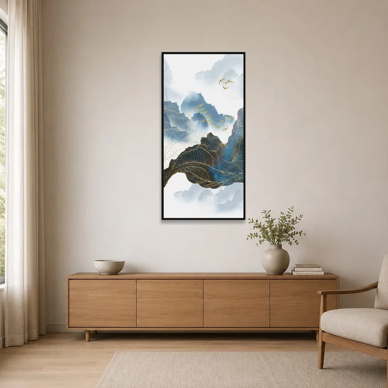The minimalist room showcases a peaceful mountain landscape with birds above a simple bench.