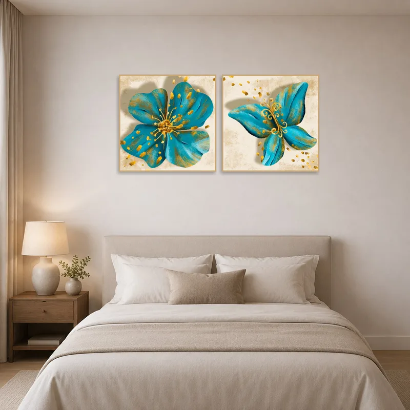 Soothing floral and butterfly abstract above a serene bedroom setting.