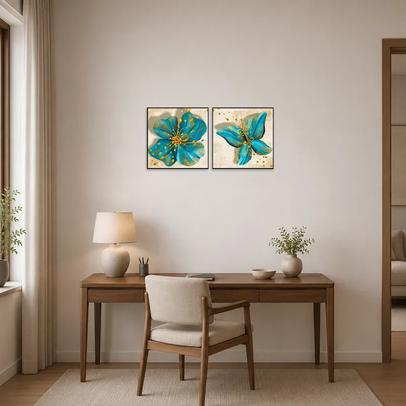 Floral and butterfly abstract art adding charm to a home office.