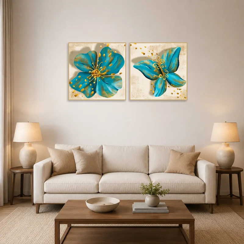 Colorful floral and butterfly abstract composition in a vibrant living room.