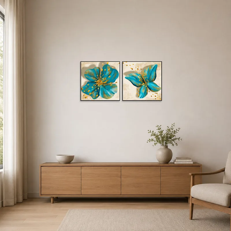 Simple floral and butterfly abstract in a minimalist space.