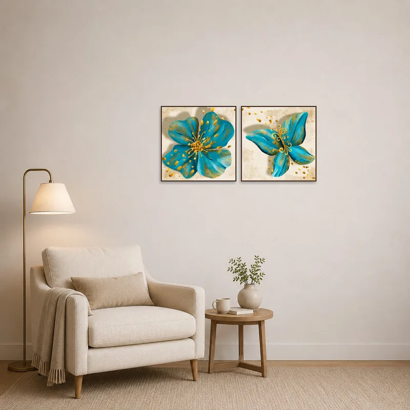 Relaxed reading corner adorned with a floral and butterfly abstract piece.