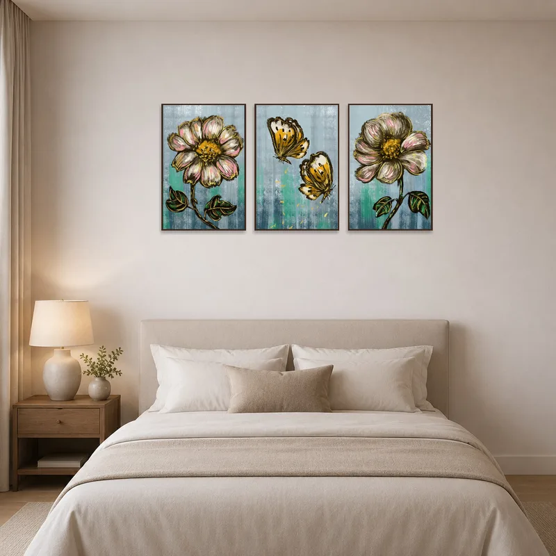 Bedroom decorated with Floral and Butterfly Artistic Triptych above the bed.