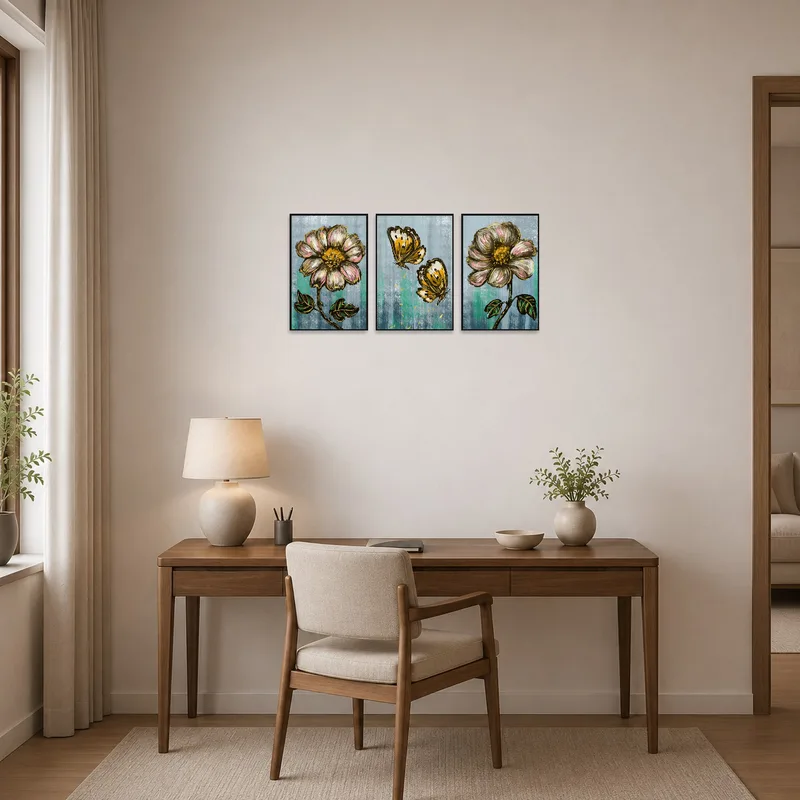 Home office with Floral and Butterfly Artistic Triptych adding color.