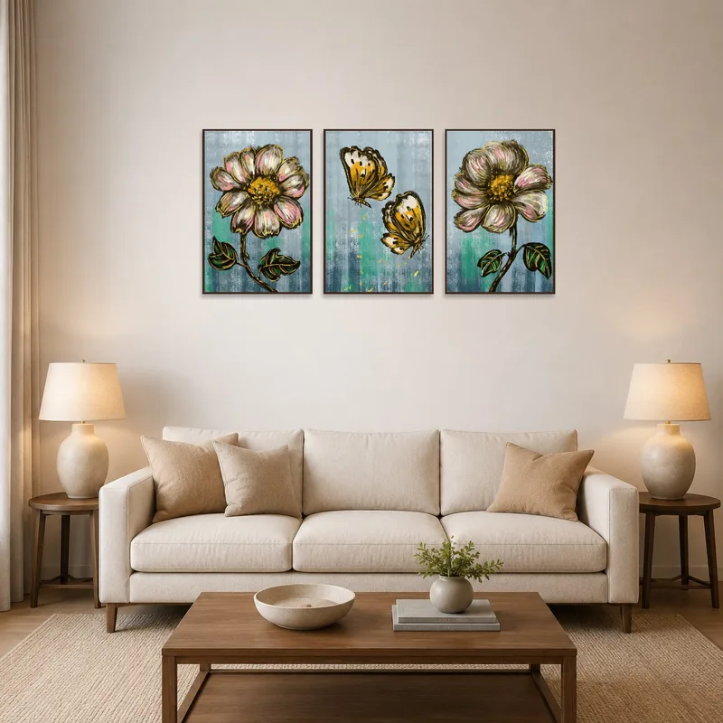 A living room with Floral and Butterfly Artistic Triptych on the wall.