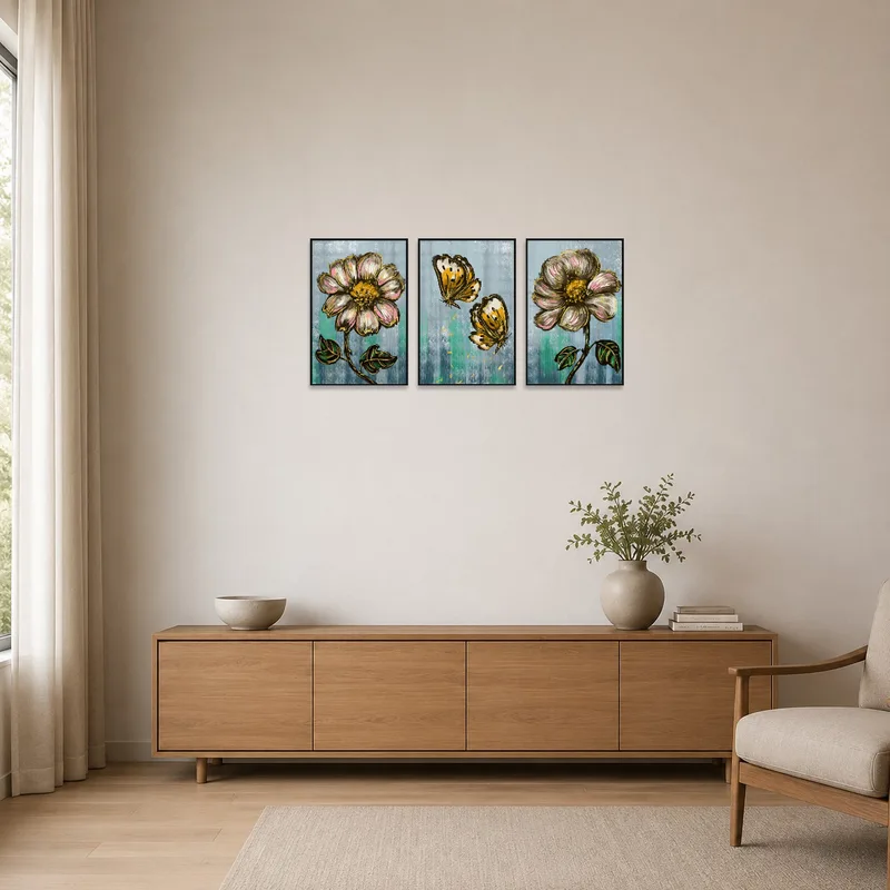 Floral and Butterfly Artistic Triptych in a minimalist setting.