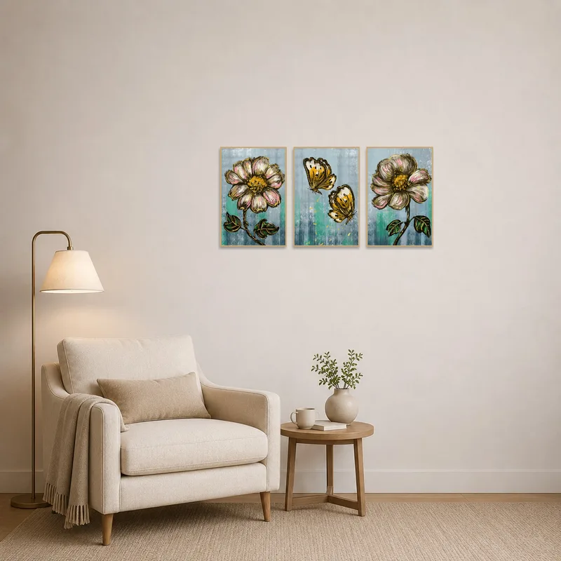 Reading nook adorned with Floral and Butterfly Artistic Triptych.
