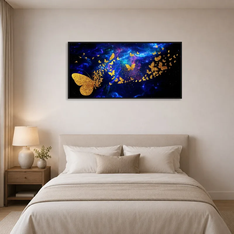 Galactic butterfly fantasy art brings a serene vibe to the bedroom.