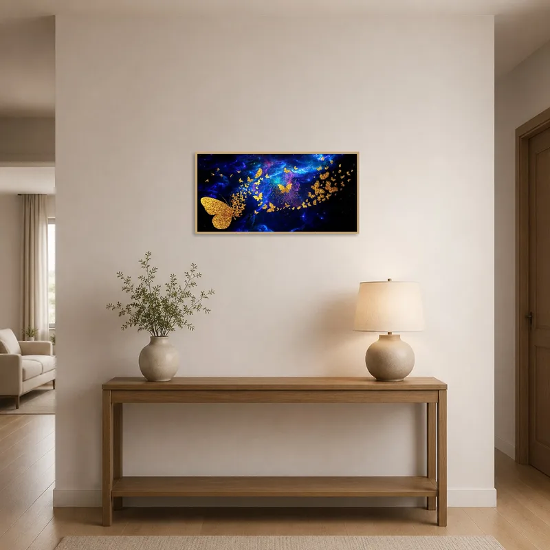 Galactic gold butterfly art welcomes guests in the entrance hall.