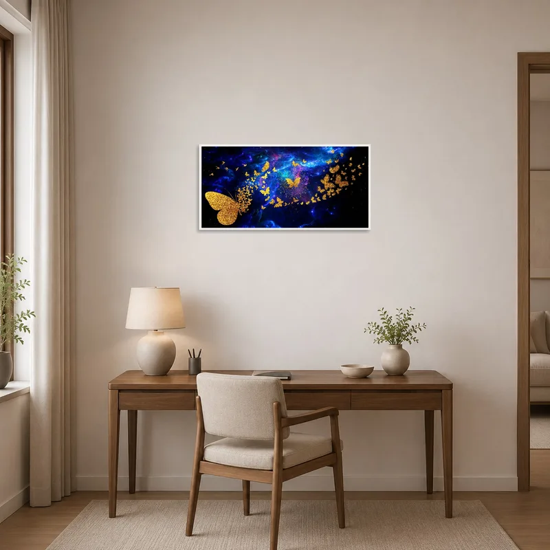 Butterfly art inspires creativity in the home office setting.