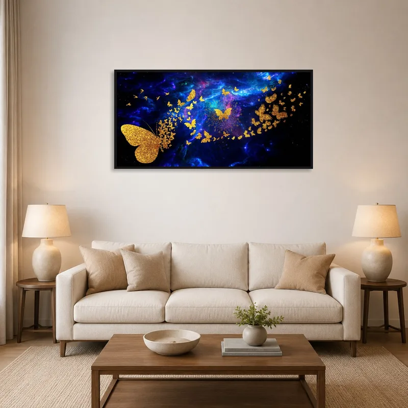 Galactic butterfly art adds a mystical touch to the living room wall.