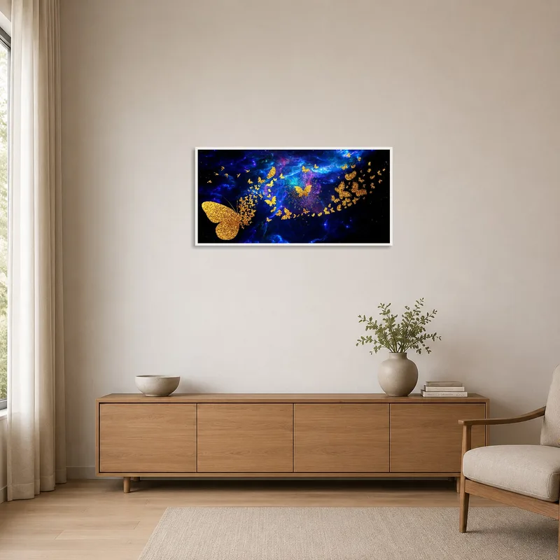 Fantasy butterfly art contrasts with the minimalist room's simplicity.