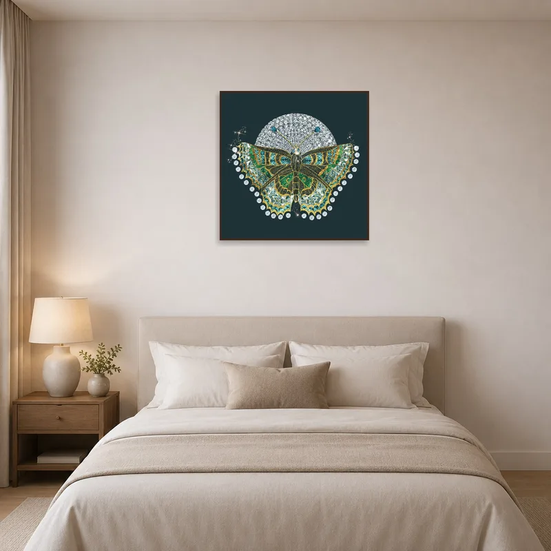 Tranquil butterfly art enhancing the ambiance of a peaceful bedroom.