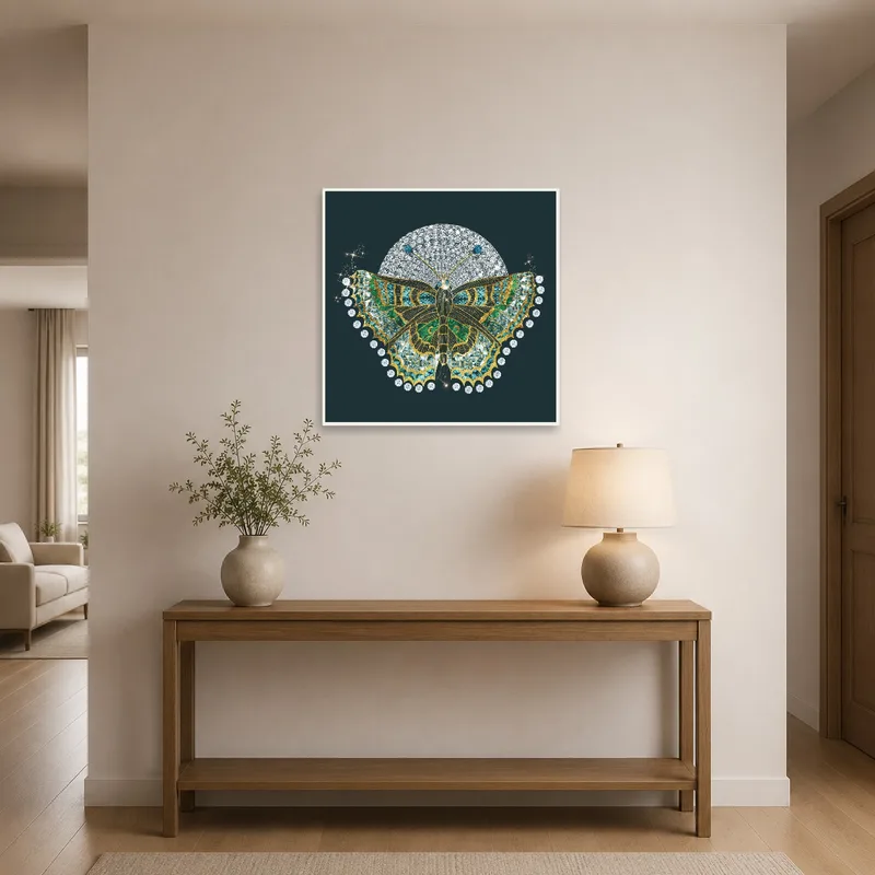 Butterfly and moon artwork in an entrance hall for a welcoming touch.