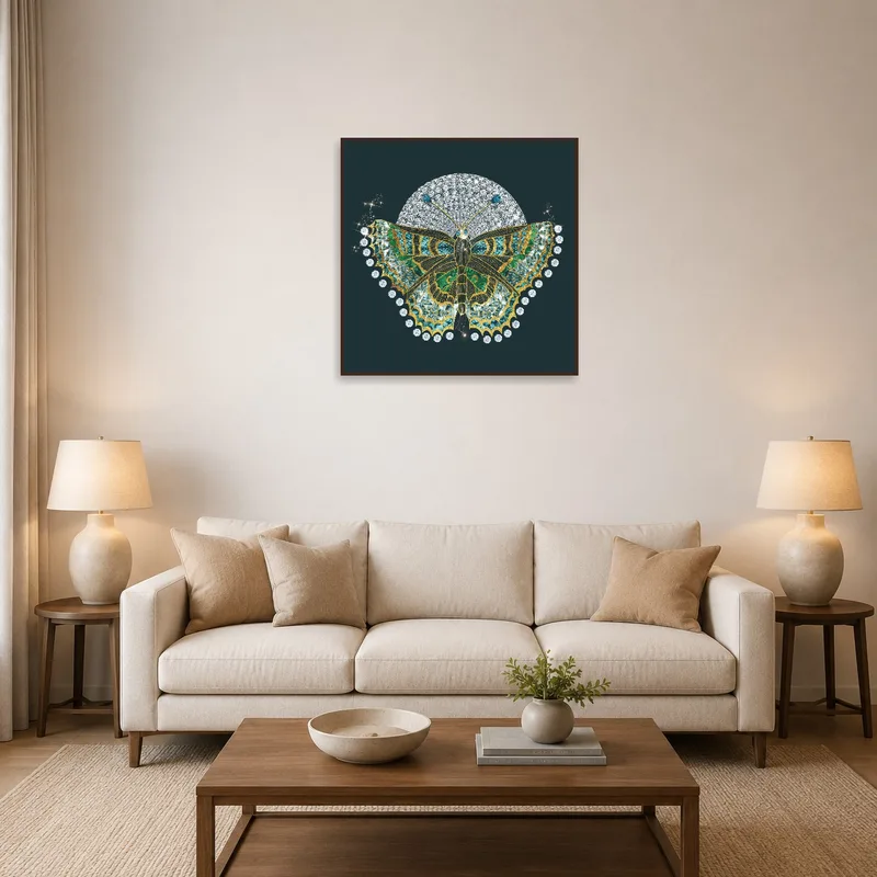 Butterfly with diamond moon art in a cozy living room above a modern sofa.