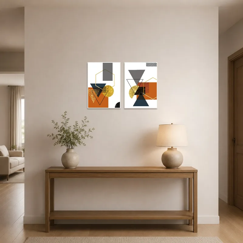 Geo-abstract elegance art adds a touch of sophistication to the entrance hall's welcoming ambiance.