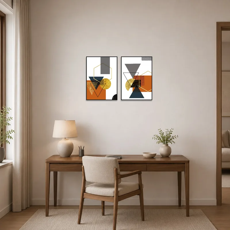 Dynamic abstract art set energizes a home office space, inspiring creativity and focus.