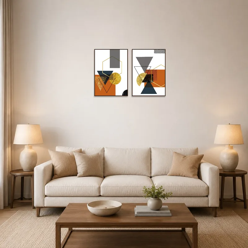 Gold and earthy abstract art set adorns a stylish living room wall above a modern sofa.