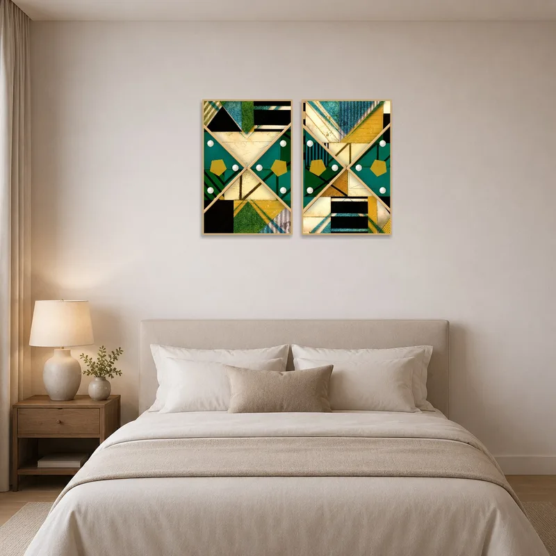 Bedroom wall adorned with geometric abstract art set, adding depth and interest to the space.